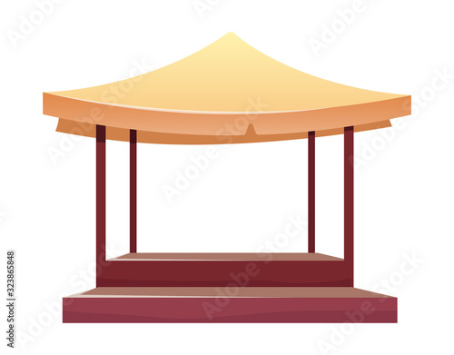 Eastern bazaar empty tent cartoon vector illustration. Blank summer fair, marketplace stall with tent and table flat color object. Souk canopy, market awning isolated on white background
