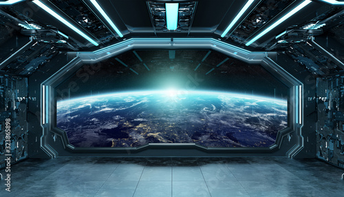 Foto Dark blue spaceship futuristic interior with window view on planet Earth 3d rend