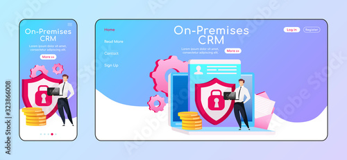 On premises CRM adaptive landing page flat color vector template. Smiling male keeps laptop mobile and PC homepage layout. Local host one page website UI. Info security webpage cross platform design