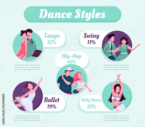 Dance style flat color vector informational infographic template. Poster, booklet, PPT page concept design with cartoon characters. Single, partner dance. Advertising flyer, leaflet, info banner idea