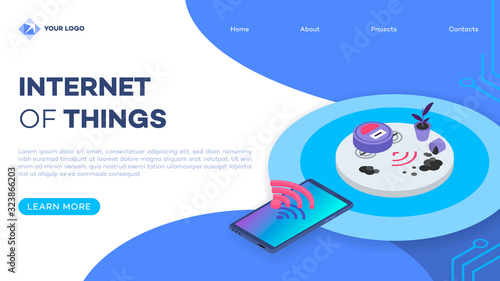 Robotic vacuum cleaner remote control landing page vector template with isometric illustration. Autonomous household equipment. Domestic appliance. Website interface design. Webpage 3d concept