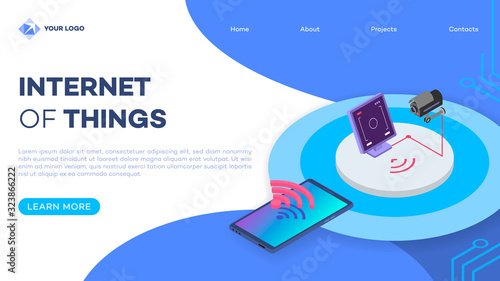 Security system landing page vector template with isometric illustration. Surveillance camera remote control, monitoring smartphone app. Website interface design. Webpage 3d concept