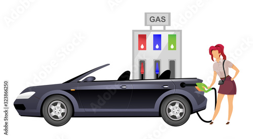 Woman refueling car flat color vector faceless character. Smiling lady at self service gas station isolated cartoon illustration for web graphic design and animation. Female driver at petrol station