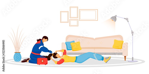 Emergency aid flat color vector faceless characters. Unconscious woman lying on floor. Female doctor. Lady fainting from dizziness. Professional treatment. First help isolated cartoon illustration