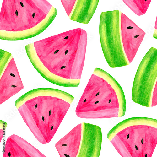Fototapeta Naklejka Na Ścianę i Meble -  Watercolor juicy watermelon slice seamless pattern. Hand drawn colorful illustration isolated on white background for decoration, packaging, wrapping, cards, design