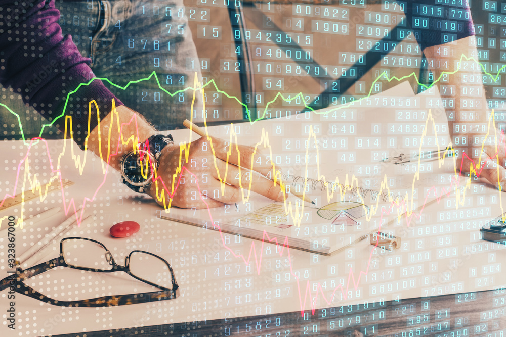 Financial trading chart double exposure with man desktop background. Financial trading chart double exposure with man desktop background.