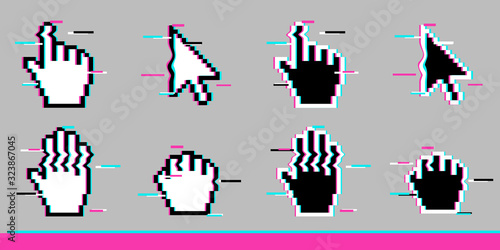 Black and white pixel glitch mouse hand and arrow cursor icon sign set flat style design vector illustration isolated on white background