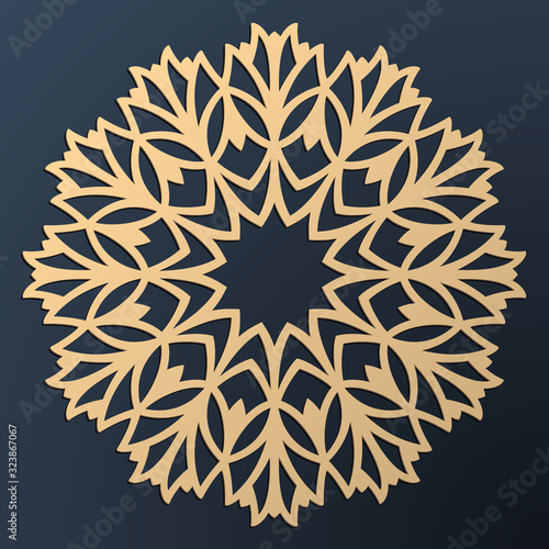 Laser cutting mandala. Golden floral pattern. Oriental silhouette ornament. Vector coaster design.