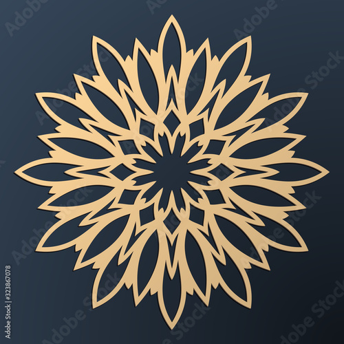 Laser cutting mandala. Golden floral pattern. Oriental silhouette ornament. Vector coaster design.