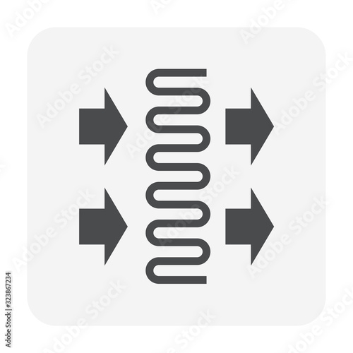 Condenser coil vector icon consist of copper or aluminium tubes, fan blow for holds refrigerant, gas pressure in air compressor for ductless split system, heating ventilation, air conditioning or hvac
