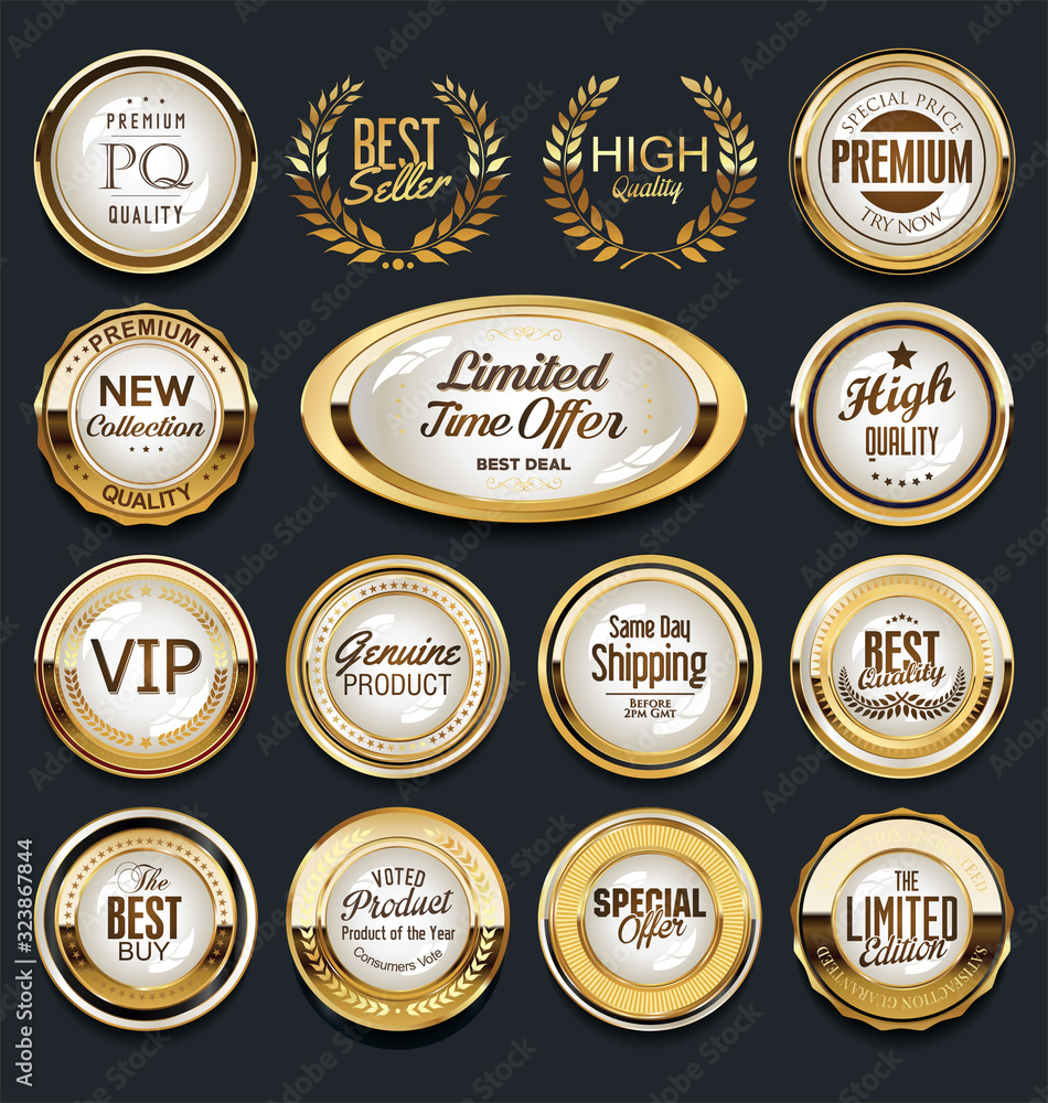 Obraz premium Złote etykiety odznaki i kolekcja retro vintage laurowych