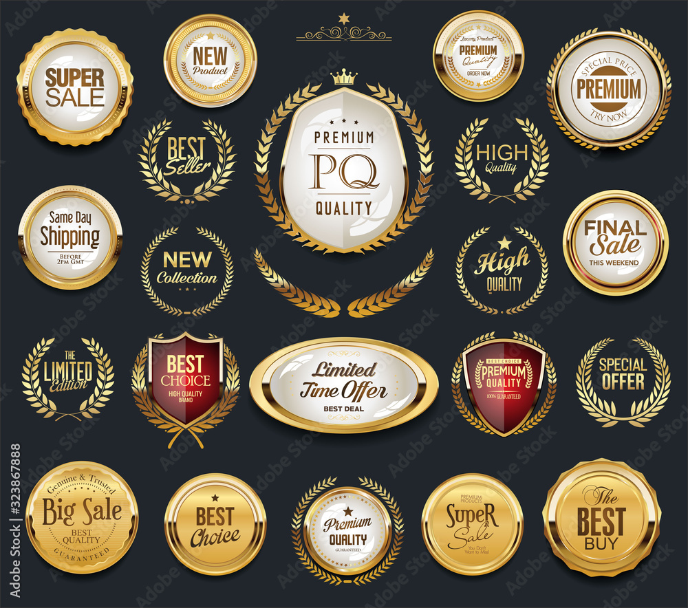 Golden badge labels and laurel retro vintage collection  - obrazy, fototapety, plakaty 
