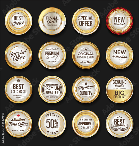 Golden badge labels and laurel retro vintage collection 