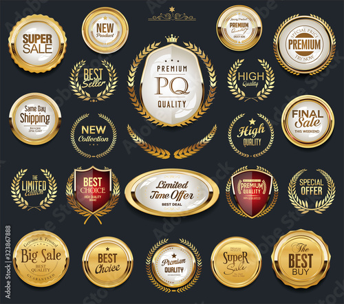 Golden badge labels and laurel retro vintage collection 