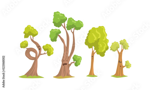 Funny Trees Cartoon Characters Collection, Comic Trees Showing Various Emotions Vector Illustration