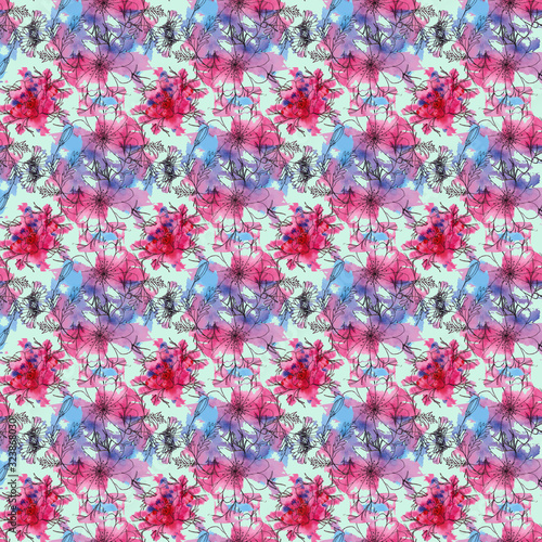 seamless watercolor pattern with painted pink-blue flowers on a light background