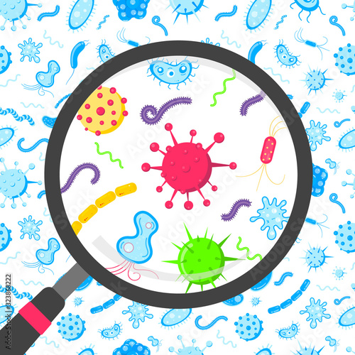 Microbes and bacterias in the circle magnifier flat style design vector illustration isolated on white background.