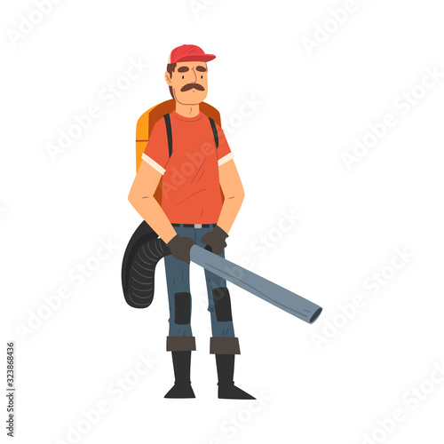 Man Gardener Using Leaf Blower, Male Farmer Character Working at Garden or Farm Vector Illustration