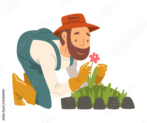 Man Gardener Planting and Admiring Flower, Cheerful Male Farmer Character in veralls Working at Garden or Farm Vector Illustration