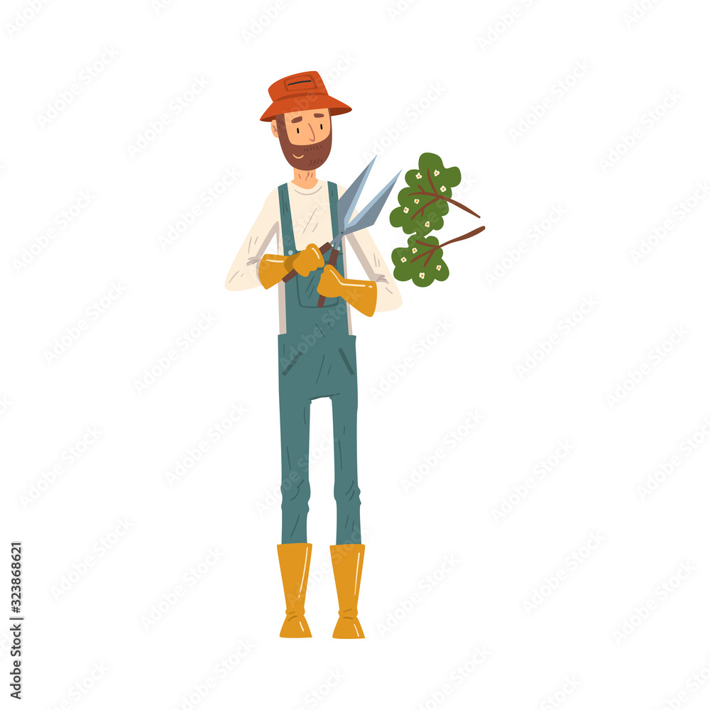 Man Gardener Trimming Tree Branches with Pruner, Cheerful Male Farmer Character in veralls Working at Garden or Farm Vector Illustration