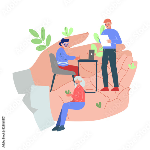 Tiny Office Employees Working in Giant Hands, Office Staff Care, Support, Professional Growth, Personnel Benefits Vector Illustration