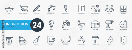 Set of web icons - Construction, Home Improvement tools. Tower Cranes, Plugs, Doors, Houses, Plumbing, Water faucets. Collection of thin line elements. Vector illustration.