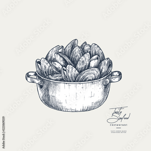 Mussel Casserole engraved illustration. Seafood design. Vector illustration