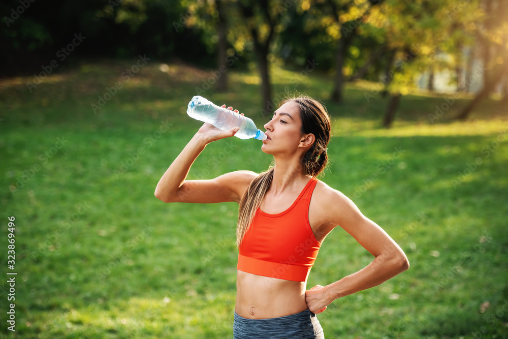 Young gorgeous thirsty slim sportswoman standing with one hand on hip, taking a break after running in nature and drinking water. Young gorgeous thirsty slim sportswoman standing with one hand on hip, taking a break after running in nature and drinking water.