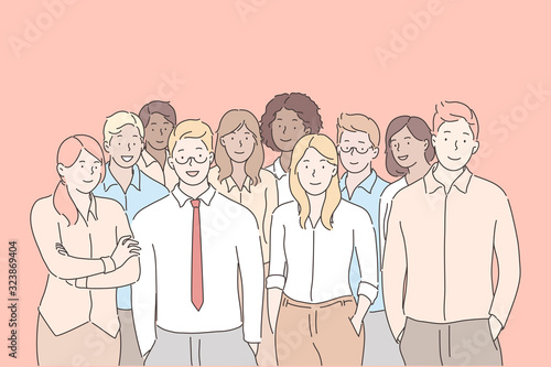 Company staff, team, business concept. Team of young company staff boys, girls standing together in office. Partnership or collaboration of happy businessmen and women, leadership. Simple flat vector
