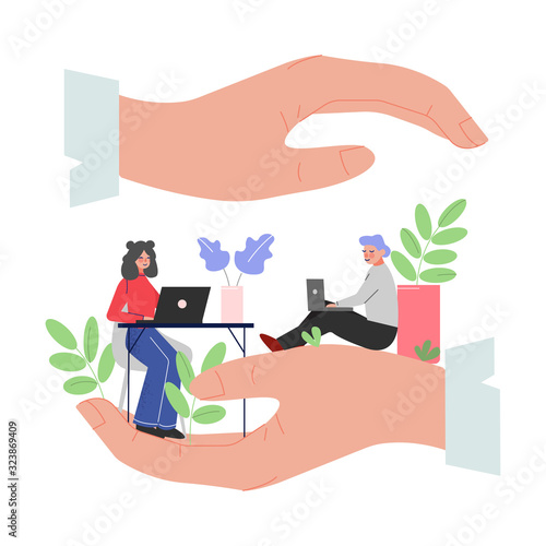 Giant Hands Protecting Office Employees, Office Staff Care, Support, Professional Growth, Personnel Perks and Benefits Vector Illustration