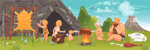 Prehistoric people at stone age concept. Ancient primeval young and adult cave people, doing daily routine together in prehistoric era. Life in stone age in cartoon style. Vector flat design elements.