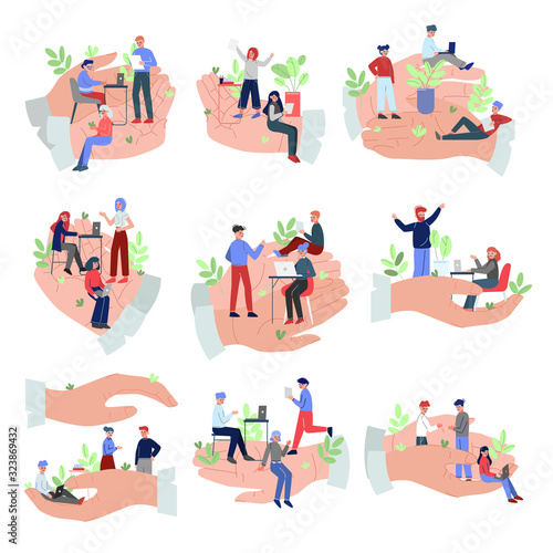 Giant Hands Protecting Office Employees Set, Office Staff Care, Support, Professional Growth, Personnel Perks and Benefits Vector Illustration