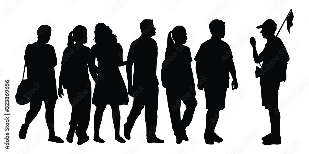 Group of tourist with guide silhouette vector