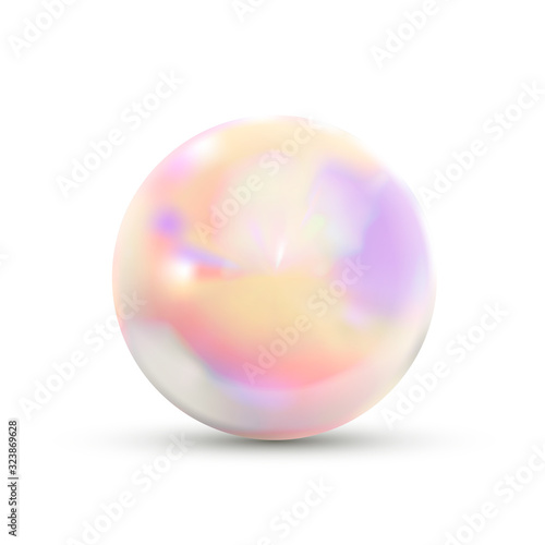 Realistic glossy marble ball in holographic colours with rainbow glare on white