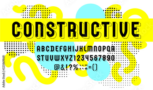 Constructive font, trendy 3d alphabet sans serif, modern condensed letters and black numbers, vector illustration for prints, posters, flyers, banners, invitations and more, vector illustration