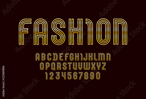 Chic golden font, fashion alphabet of line, capital letters from A to Z and numbers from 0 to 9 for you designs: logo, t-shirt, poster, greeting cards, fashion banner, vector illustration 10EPS