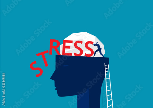 businessman pushing stress word on big head human thinking concept vector illustration