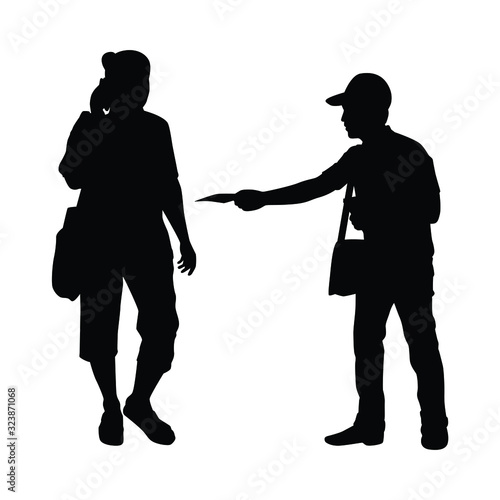 Young man send leaflet to people silhouette vector