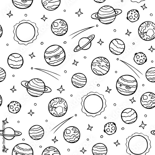 Fototapeta Cosmos seamless pattern. Planets, stars, celestial bodies of the solar system, hand drawn doodles. Background universe for banners, textiles, packaging, scrapbooking paper. Stock vector illustration.