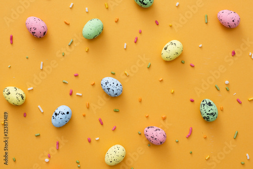 Photography Top view colorful easter eggs on the table