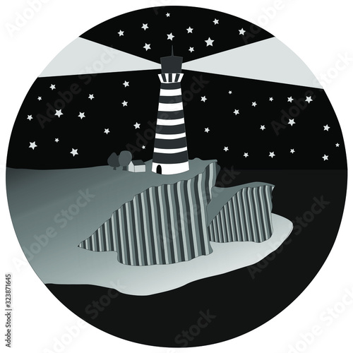 Seascape, island with a cliff and a lighthouse in the middle of the night on the island. Lighthouse on the island.