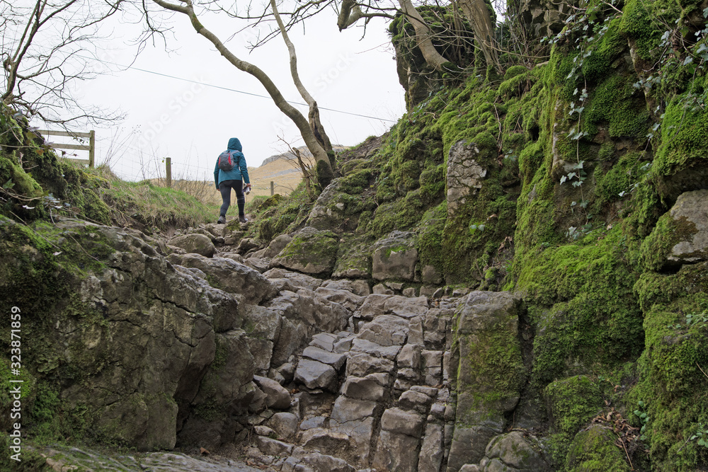 Hiker by Janet's Foss, on the way to Gordale Scar, Malham, North Yorkshire Hiker by Janet's Foss, on the way to Gordale Scar, Malham, North Yorkshire