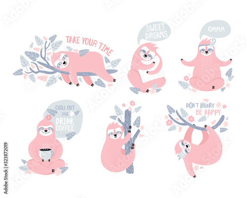 Collection of funny sloths in different postures. Lazy exotic animal sleeping, napping, relaxing on tropical tree branch, meditates and drinks coffee. Cute cartoon character doing daily things.