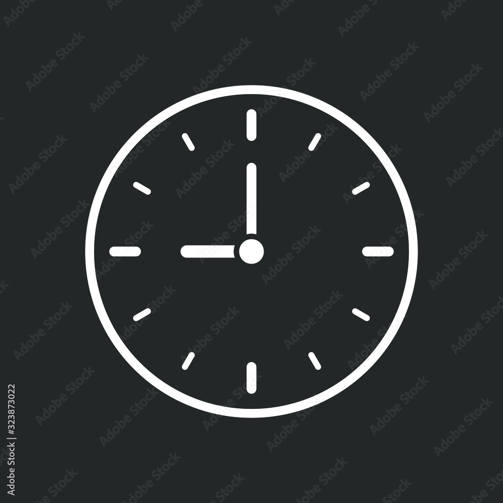 Clock icon symbol. Simple shape watch sign. Time logo. White silhouette isolated on black background. Vector illustration image. Clock icon symbol. Simple shape watch sign. Time logo. White silhouette isolated on black background. Vector illustration image.