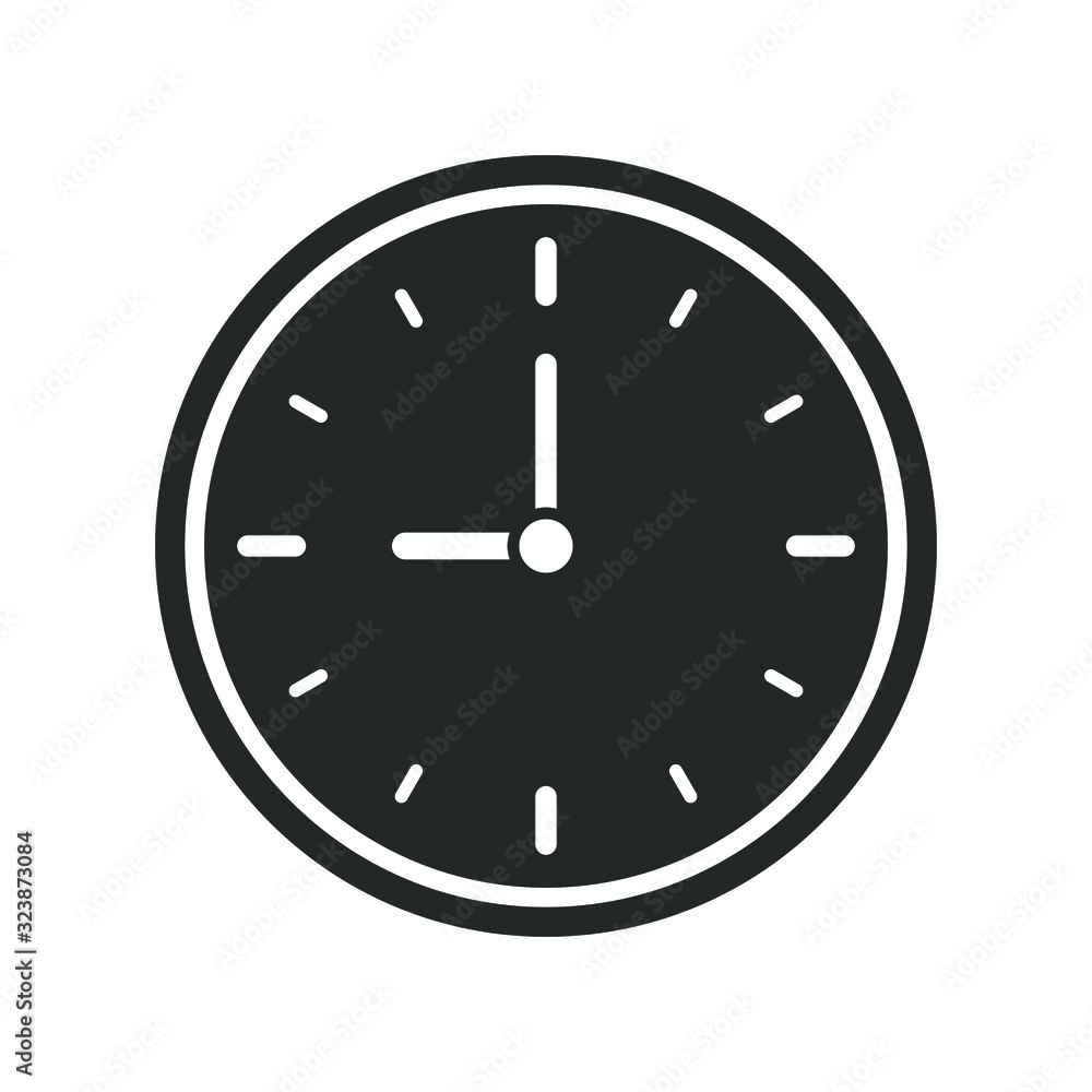 Clock icon symbol. Simple shape watch sign. Time logo. White silhouette isolated on black background. Vector illustration image. Clock icon symbol. Simple shape watch sign. Time logo. White silhouette isolated on black background. Vector illustration image.