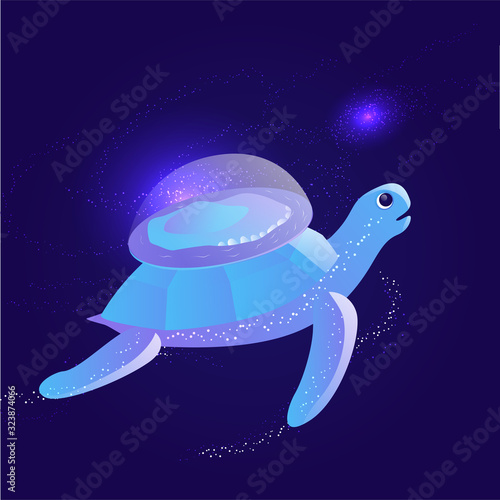 Turtle holding flat earth.  Ancient belief in plane globe in form of disk. Cosmology and pseudoscience, old science and flat-earthers, conspiracy theme
