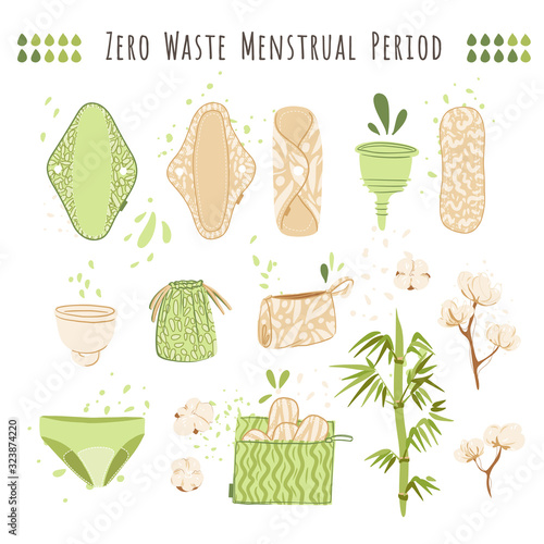 Zero Waste woman menstrual period vector cartoon flat set with eco friendly products - reusable menstrual pads, Cloths, cup, recycle bags of cotton textile.