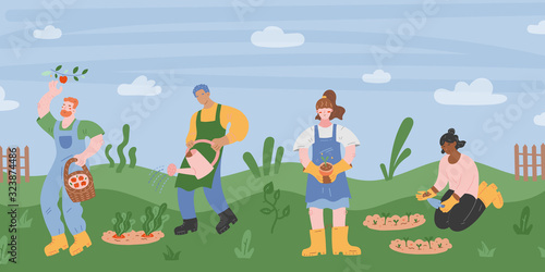 People in garden, spring scene with women and man working in garden, watering and planting seedlings, modern cartoon flat illustration. Cute friends characters gardening, farming process, vector art