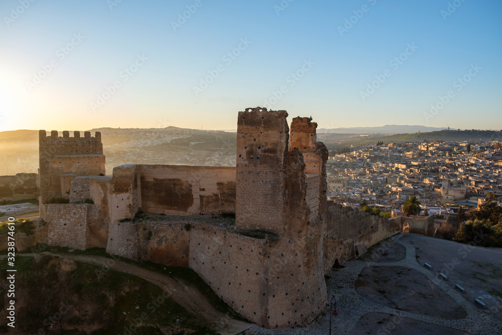 Fes, morocco - january 16 2020: View of an old fortress above the old town of Fes Fes, morocco - january 16 2020: View of an old fortress above the old town of Fes