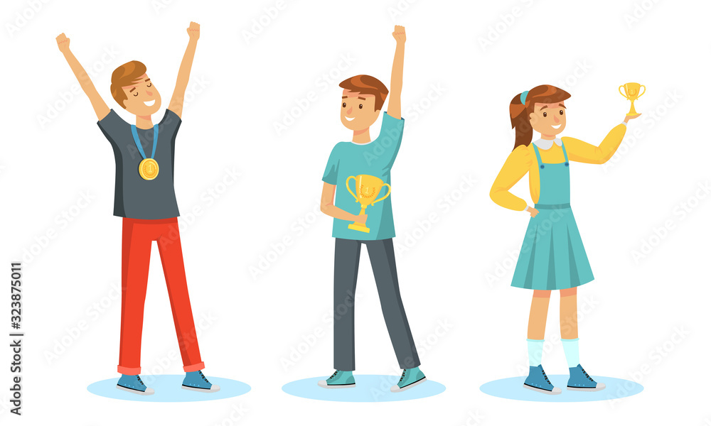 Set of children winners happy with victory vector illustration Set of children winners happy with victory vector illustration